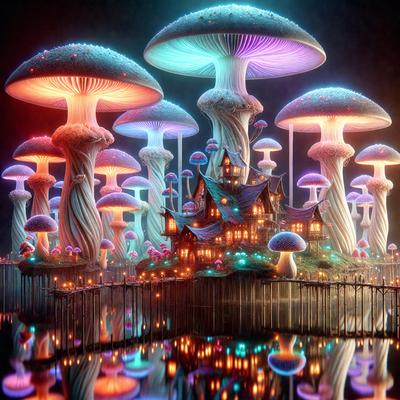 The primary subject of the image is a large, colorful mushroom, which is the main object in the scene. The setting is a fantasy world with a castle in the background, and the visual style is digital art. The dominant colors in the image are purple, pink, and blue, creating a whimsical and magical atmosphere.